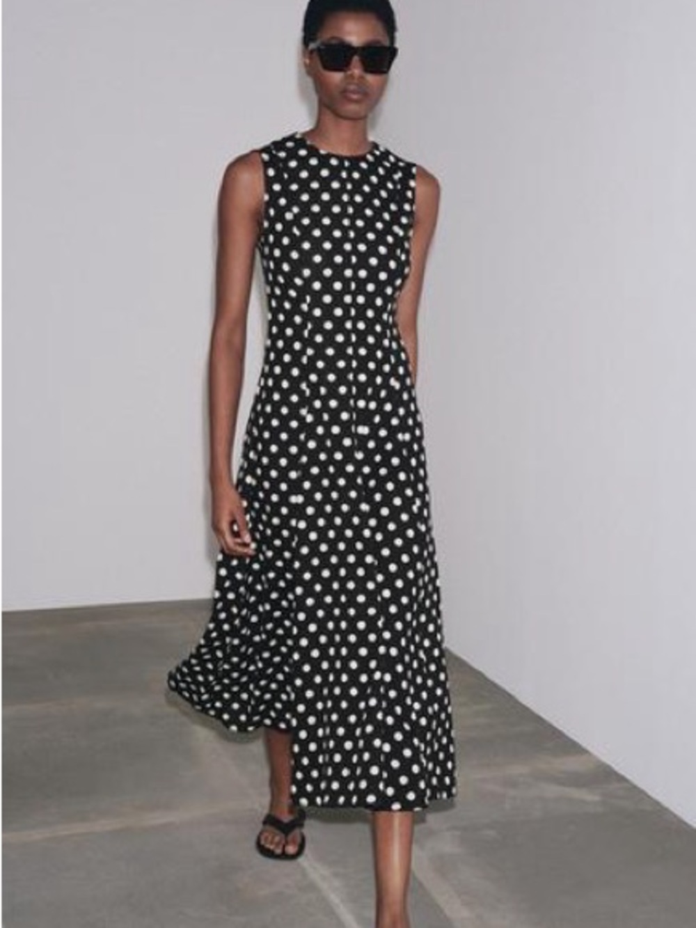 Zara Black White Polka Dot midi Dress in small linen blend